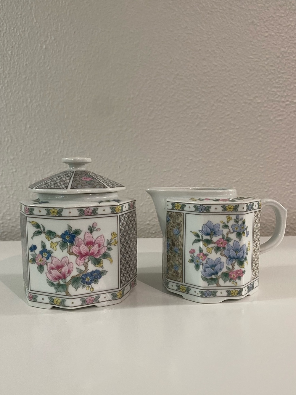 RARE Vintage Takahashi San Francisco Floral Ceramic Sugar Bowl & Creamer Set